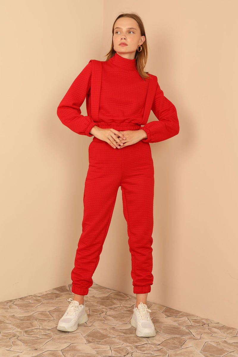 Quilted Fabric Turtleneck Shoulder Detail Women's Suit-Red - STREETMODE ™