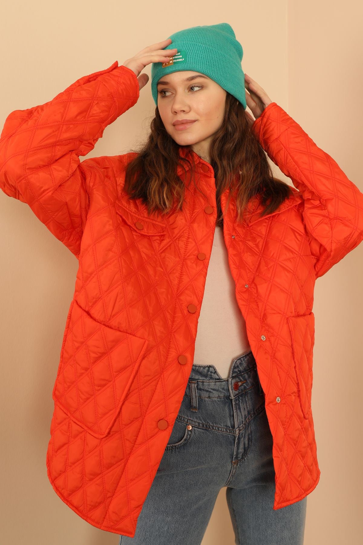 Quilted Fabric Double Stitch Pattern Women's Coat-Orange - STREETMODE ™