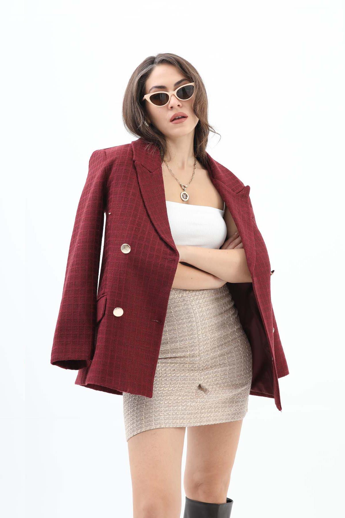 Women's Pattern Double Breasted Chanel Jacket - Claret Red