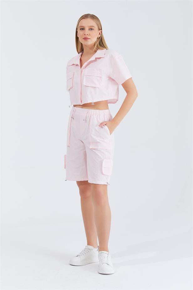 Women's Cargo Shirt Shorts Set - Pink - STREETMODE ™