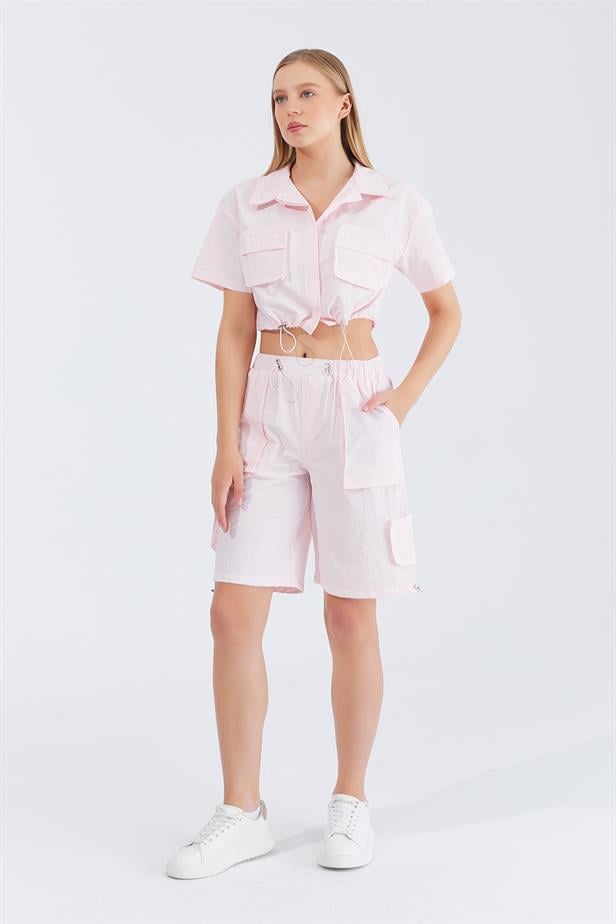 Women's Cargo Shirt Shorts Set - Pink - STREETMODE ™