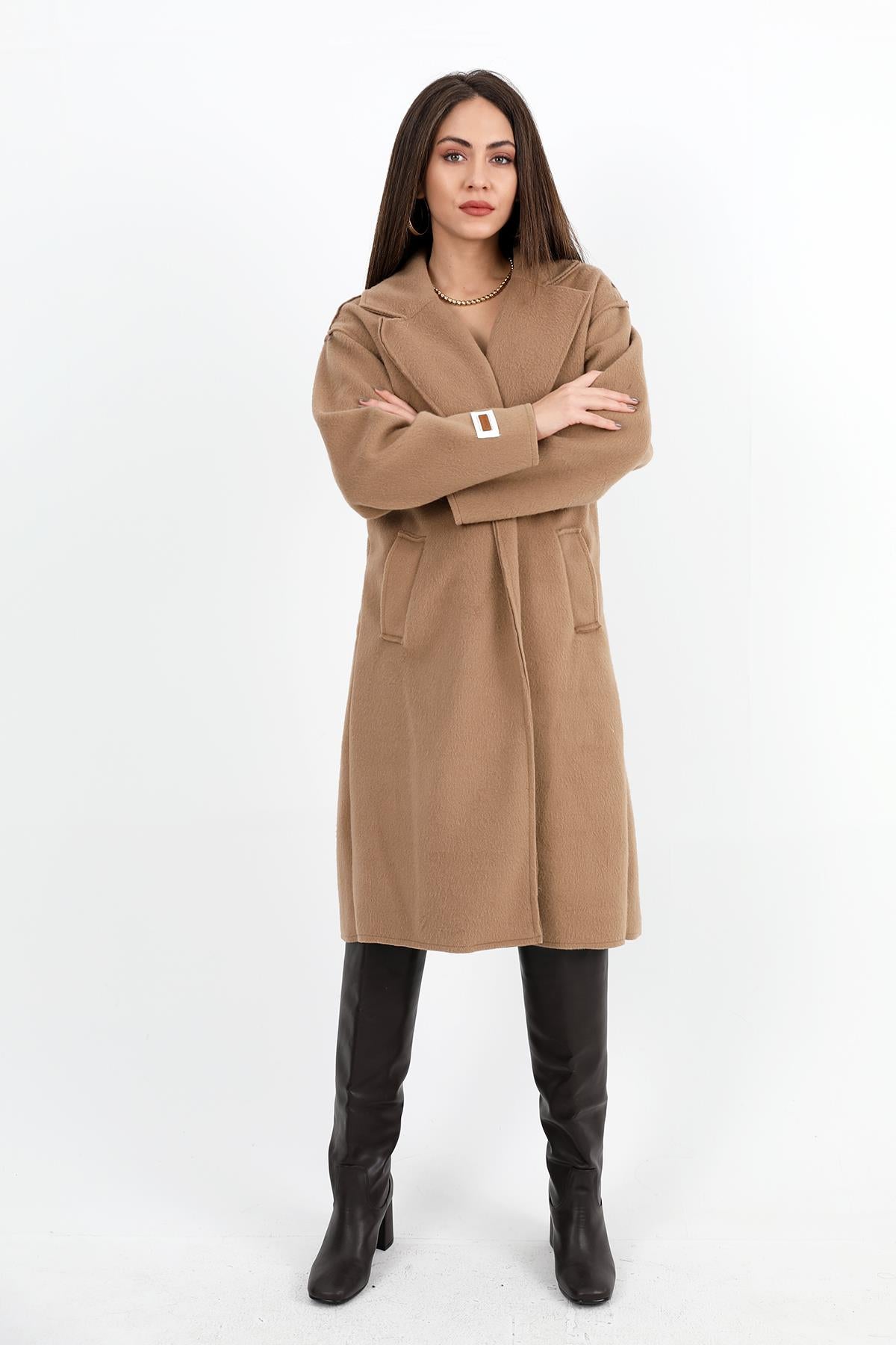 Women's Cashmere Coat Double Breasted Collar Sleeve with Emblem Detail - Camel - STREETMODE ™