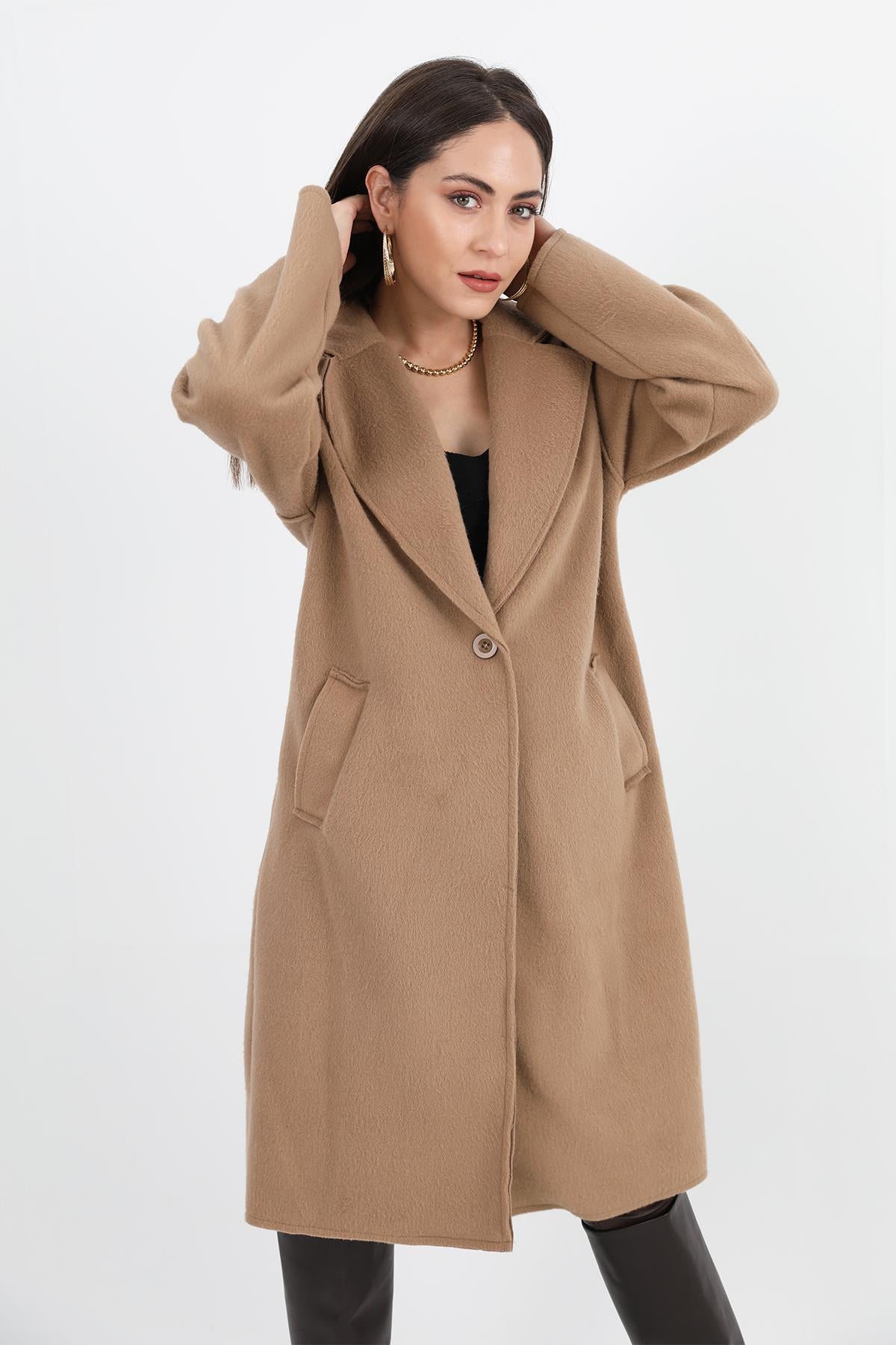 Women's Cashmere Coat Double Breasted Collar Sleeve with Emblem Detail - Camel - STREETMODE ™