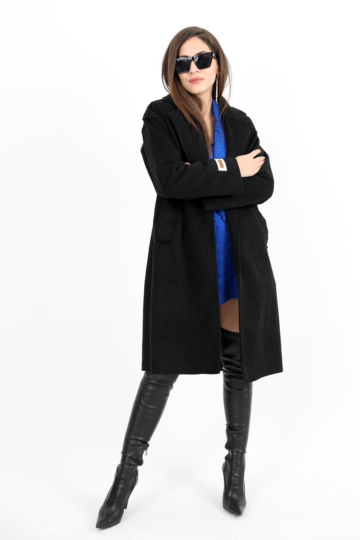 Women's Cashmere Coat Double-Breasted Collar Sleeve with Crest Detail - Black - STREETMODE ™