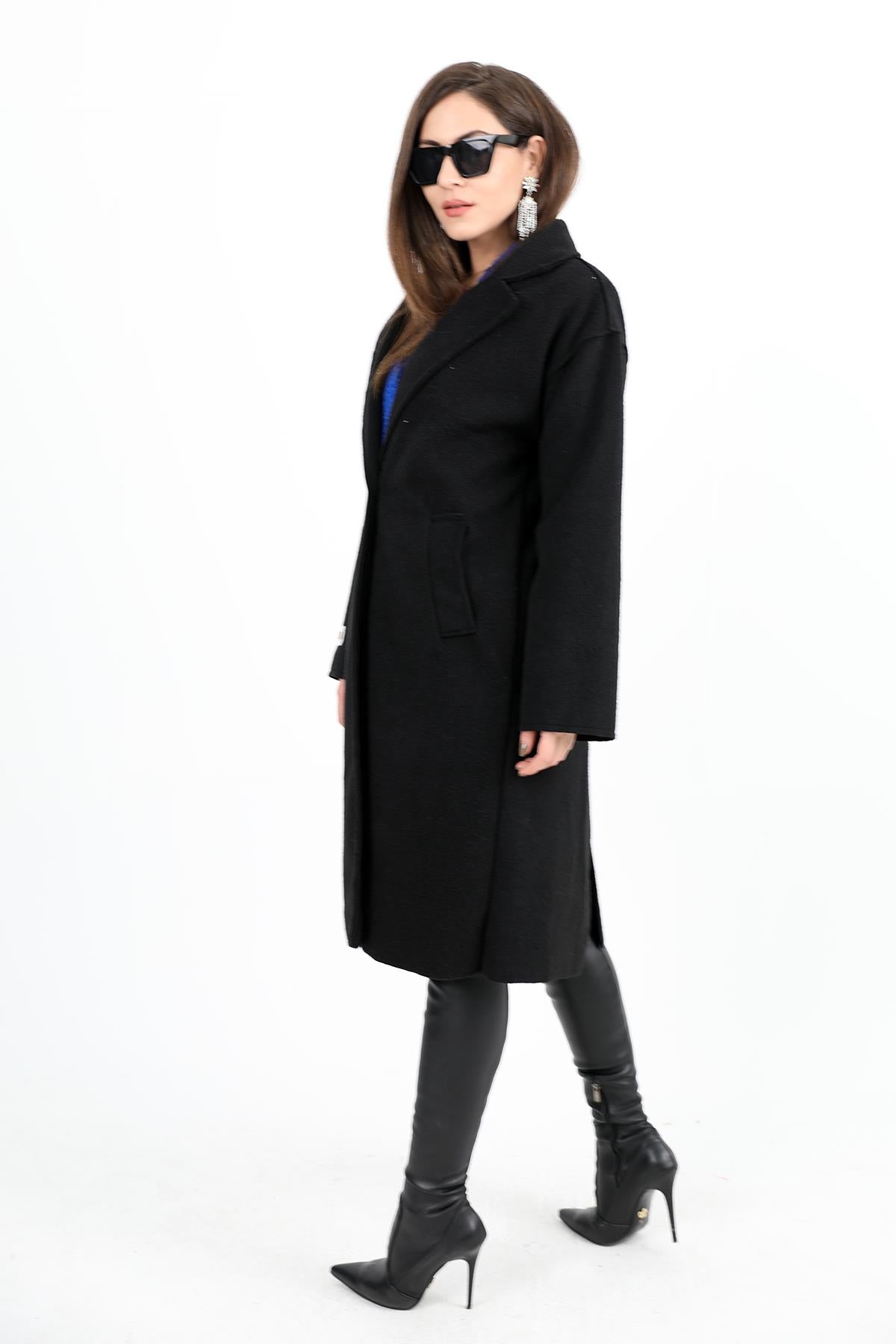 Women's Cashmere Coat Double-Breasted Collar Sleeve with Crest Detail - Black - STREETMODE ™