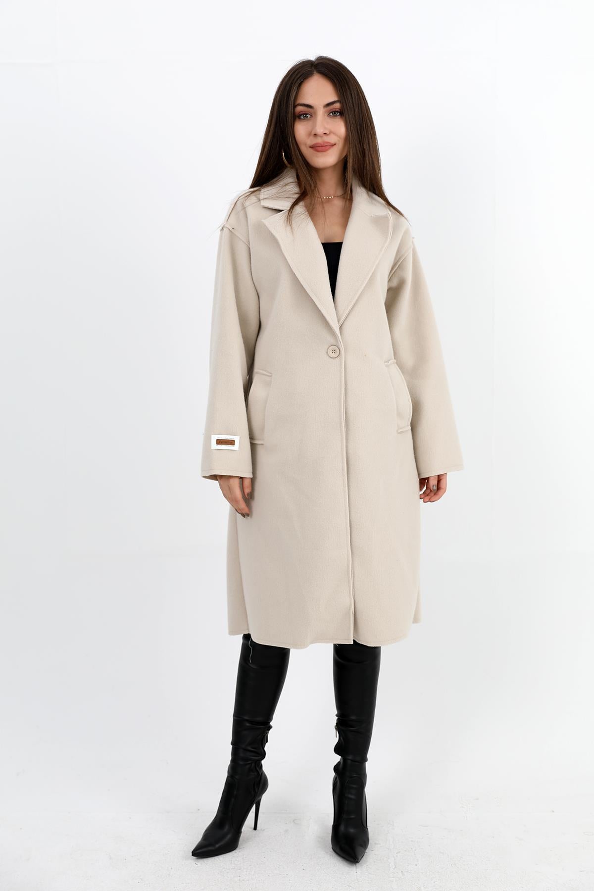 Women's Cashmere Coat Double Breasted Collar Sleeve with Crest Detail - Stone - STREETMODE ™