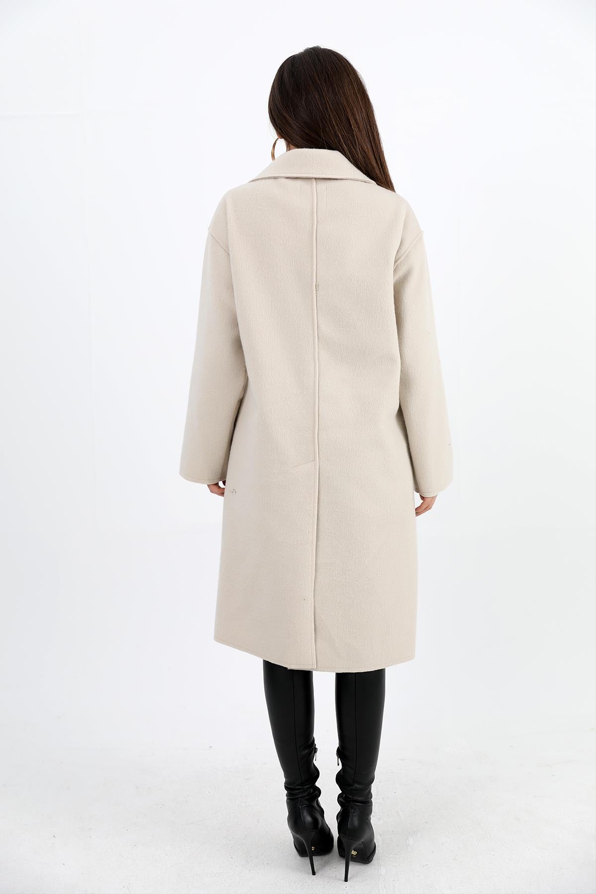 Women's Cashmere Coat Double Breasted Collar Sleeve with Crest Detail - Stone - STREETMODE ™