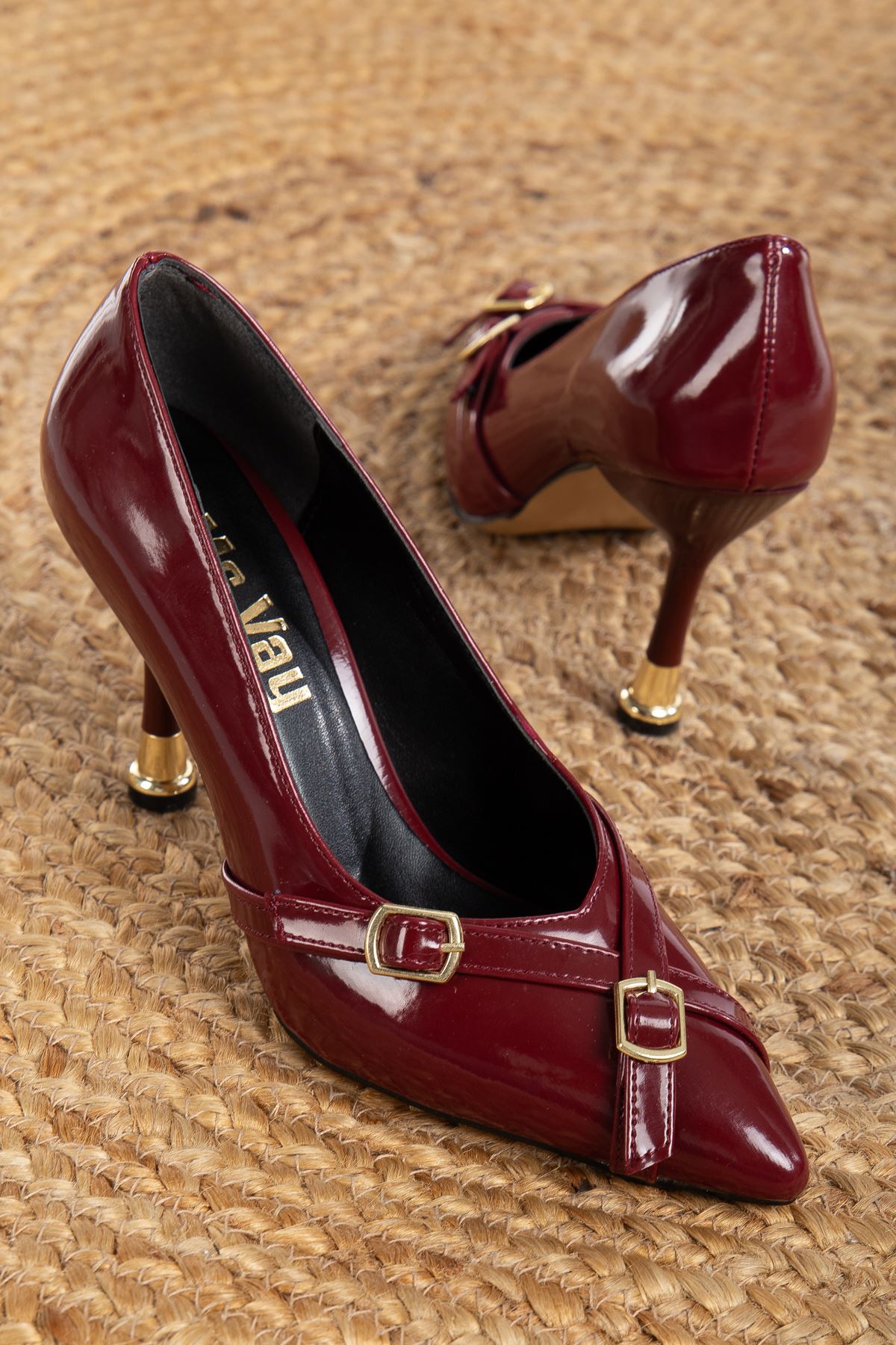 Women's Claret Red Double Buckle Detailed Pointed Toe Stiletto