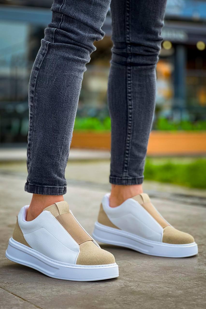 KB-007 White Beige High Sole Single Tape Laceless Casual Men's Shoes - STREETMODE ™