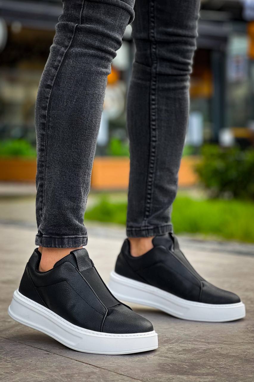 KB-007 Black White High Sole Single Tape Laceless Casual Men's Shoes - STREETMODE ™
