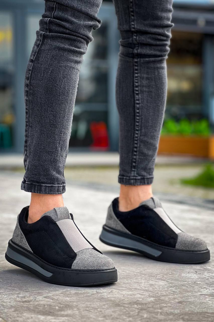 KB-007 Black Gray Black High Sole Single Tape Laceless Casual Men's Shoes - STREETMODE ™