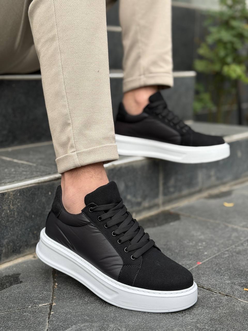 KB-046 Men's Black Parachute White High Sole Casual Sneakers - STREETMODE ™