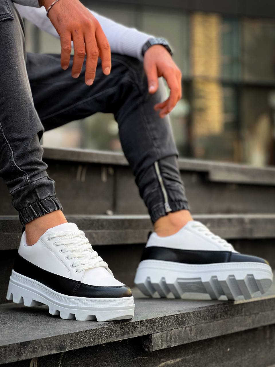 KB-056 White Black Detailed White High Sole Casual Sneakers - STREETMODE ™