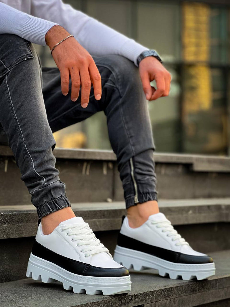 KB-056 White Black Detailed White High Sole Casual Sneakers - STREETMODE ™