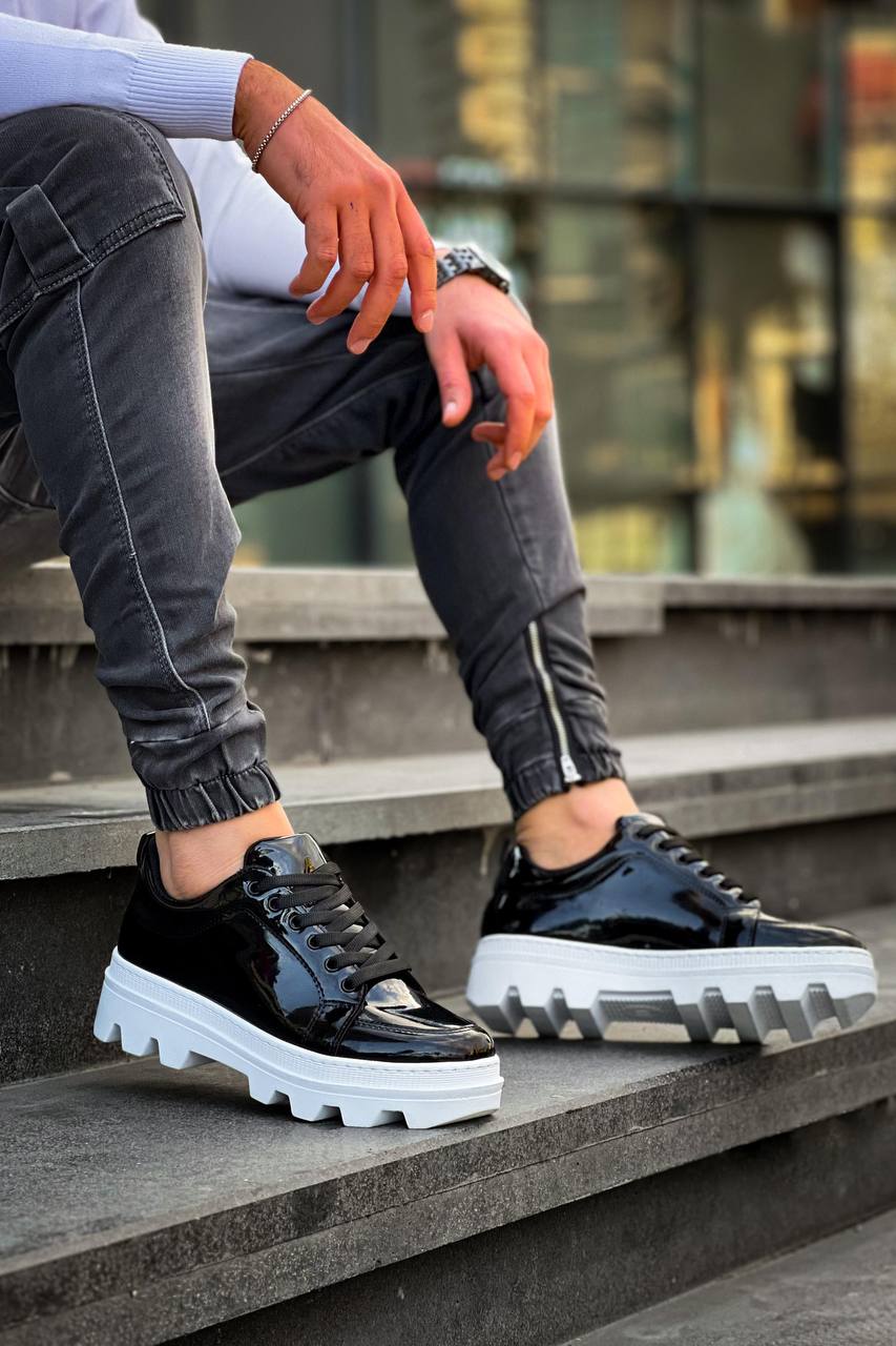 KB-056 Black Patent Leather White High Sole Casual Sneakers - STREETMODE ™