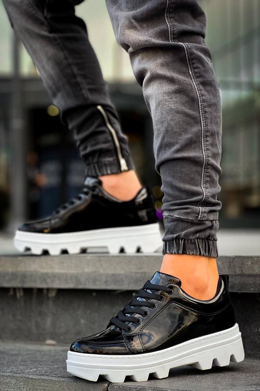 KB-056 Black Patent Leather White High Sole Casual Sneakers - STREETMODE ™