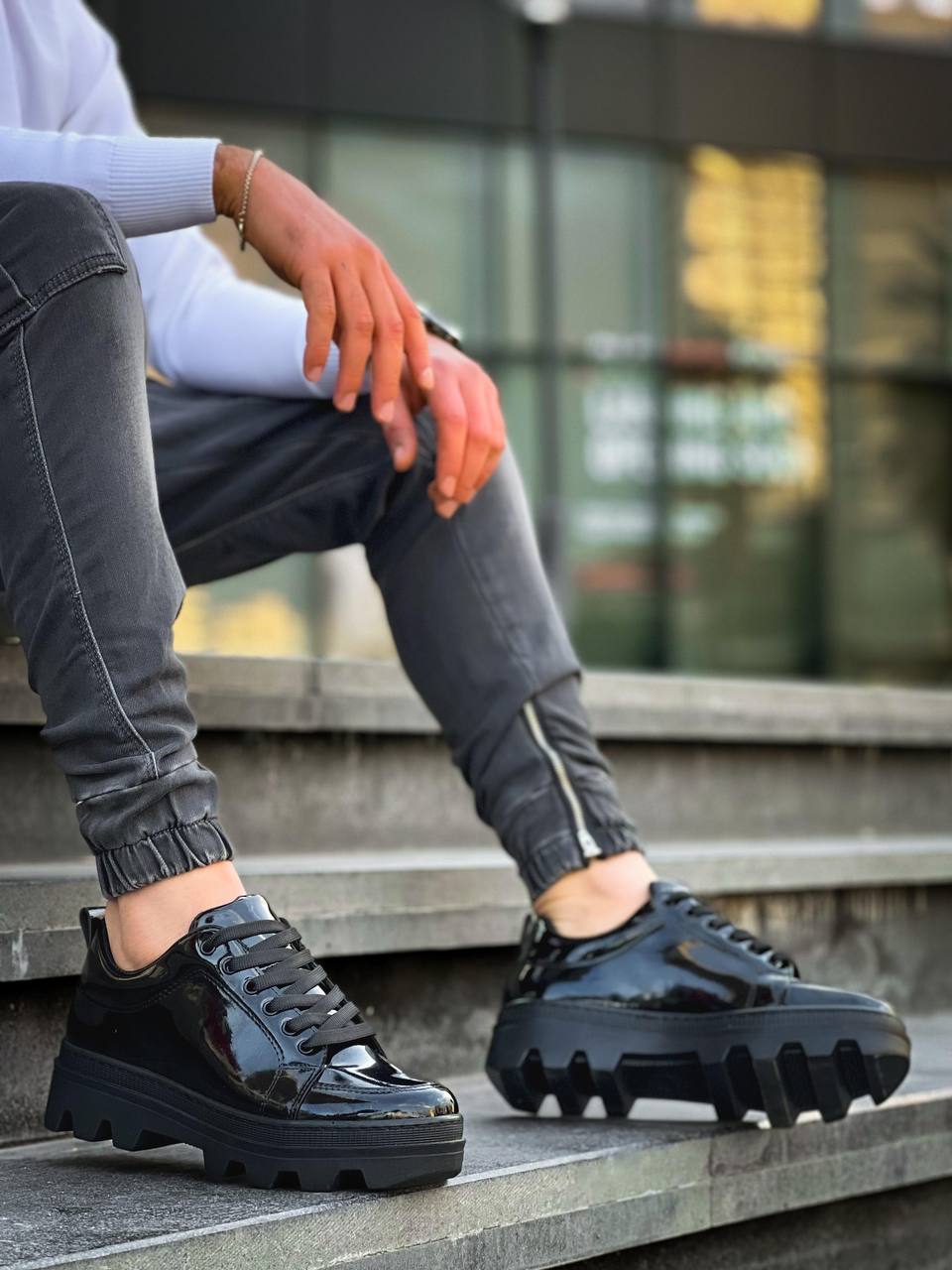 KB-056 Black Patent Leather Black High Sole Daily Sneakers - STREETMODE ™