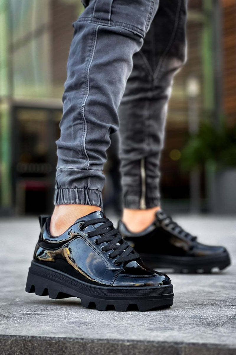 KB-056 Black Patent Leather Black High Sole Daily Sneakers - STREETMODE ™