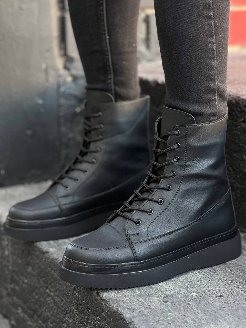 KB-0991 Black Skin Black Sole High Sole Lace-Up Combat Boots