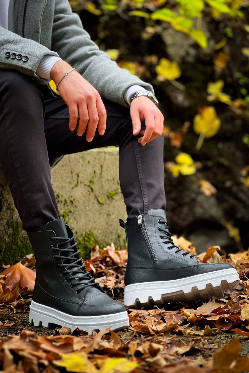 KB-0993 Men's Black Skin White High Sole Combat Boots - STREETMODE ™