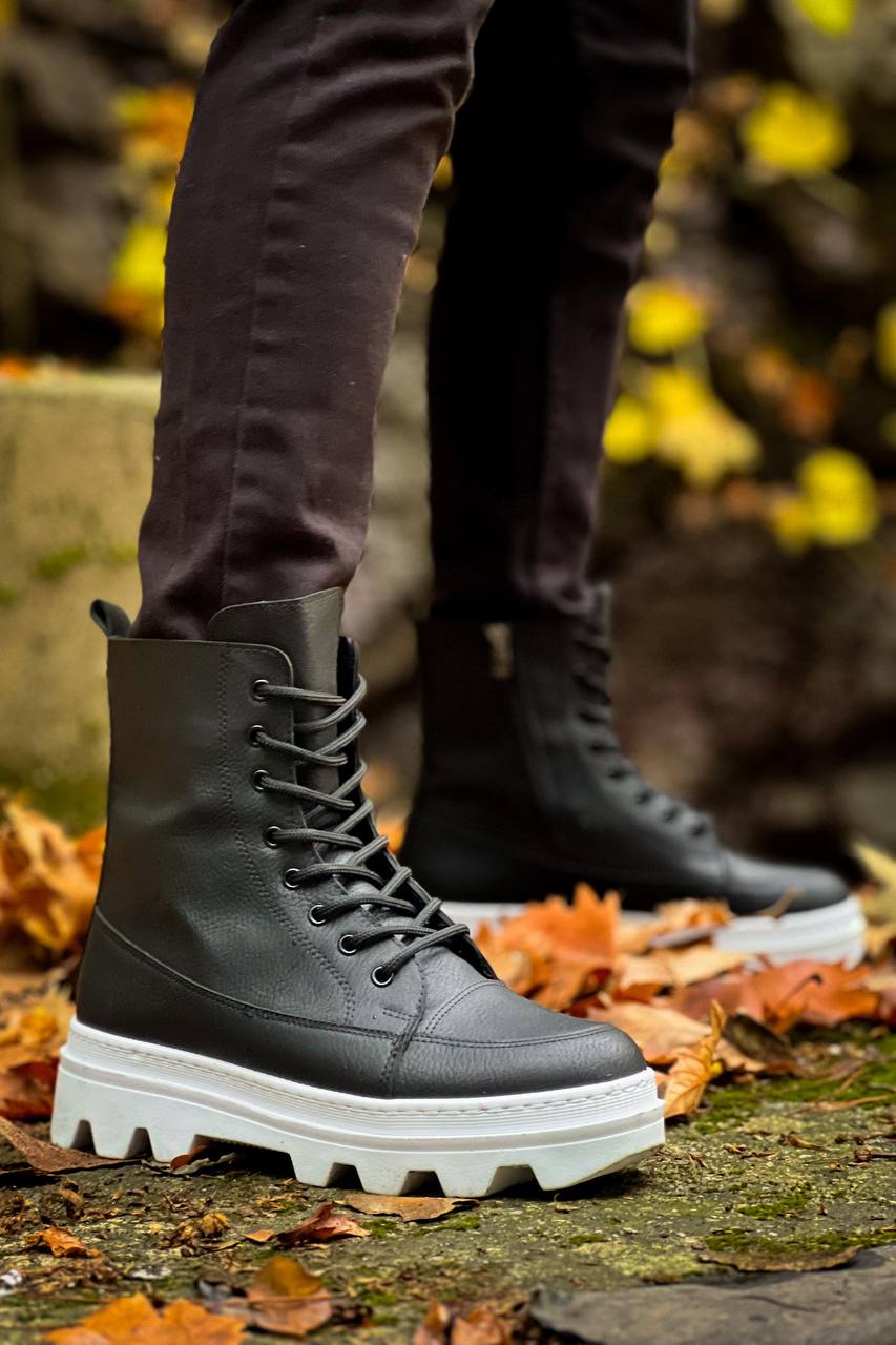 KB-0993 Men's Black Skin White High Sole Combat Boots - STREETMODE ™