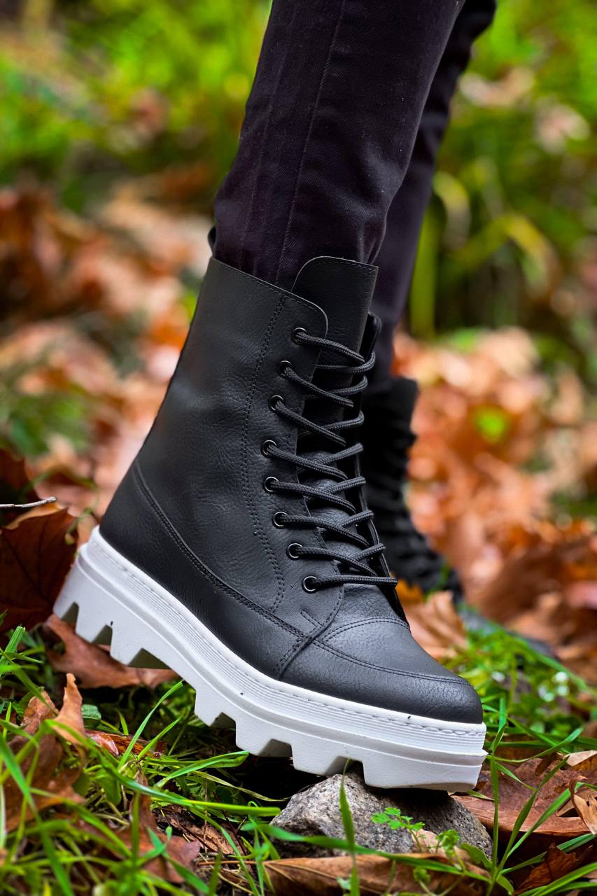 KB-0993 Men's Black Skin White High Sole Combat Boots - STREETMODE ™