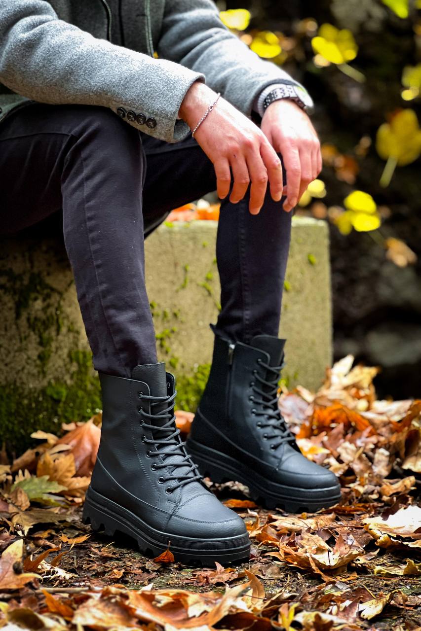 KB-0993 Men's Black Skin Black High Sole Combat Boots - STREETMODE ™