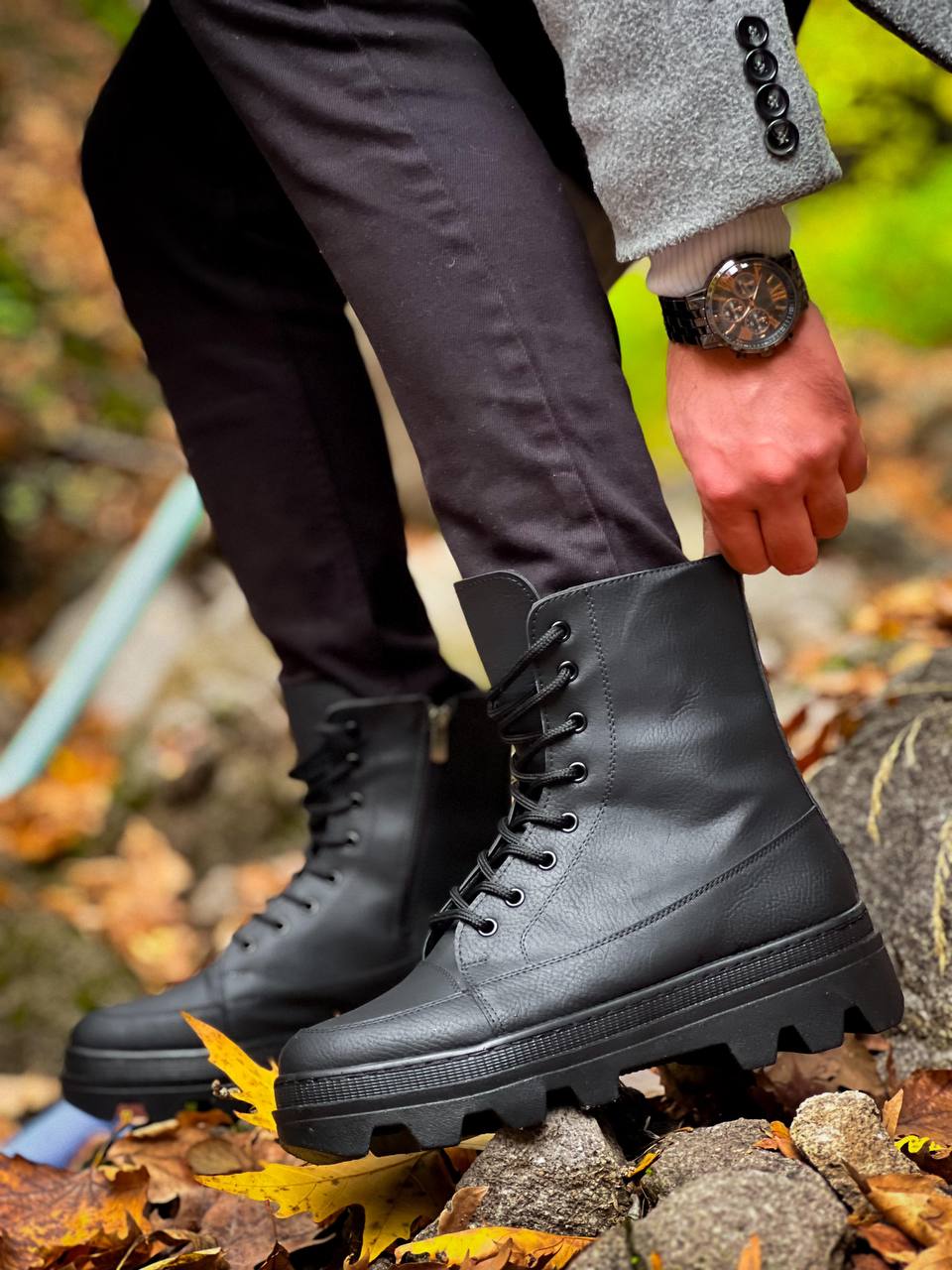 KB-0993 Men's Black Skin Black High Sole Combat Boots - STREETMODE ™