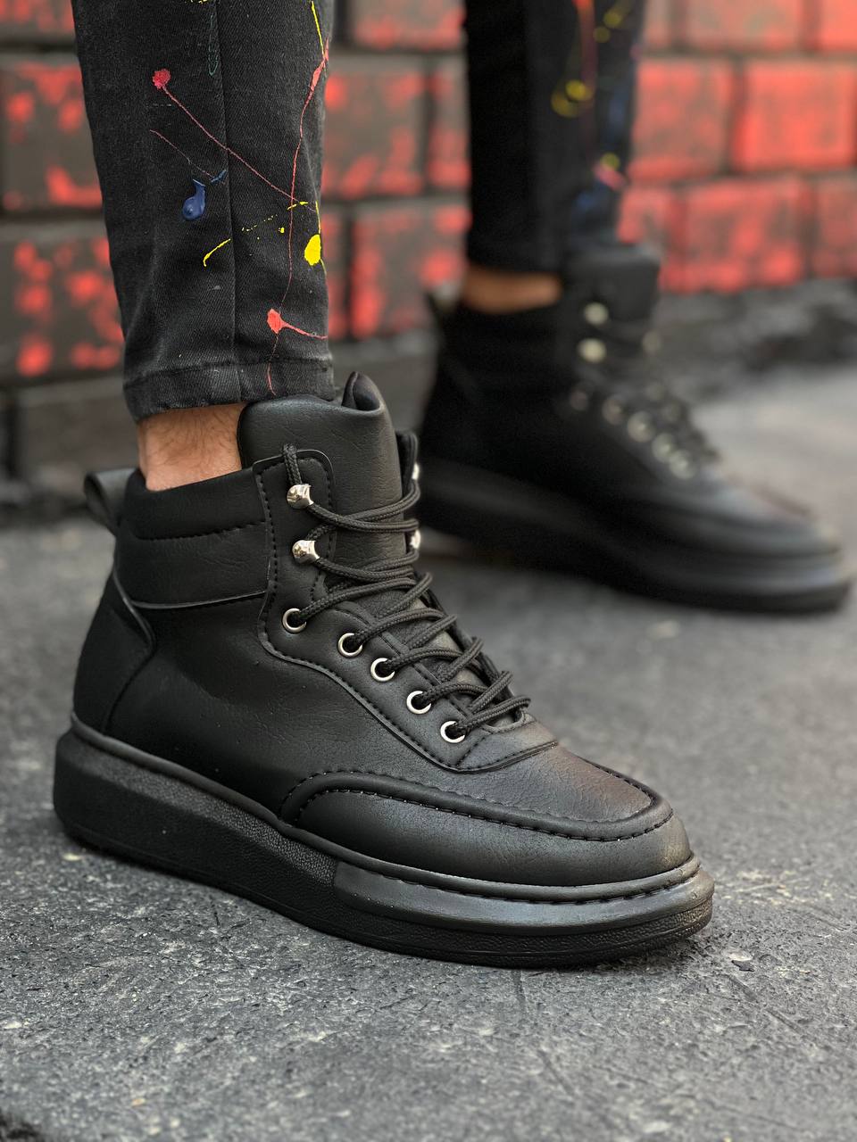 KB-0994 Black Skin Black High Sole Men's Ankle Boots - STREETMODE ™