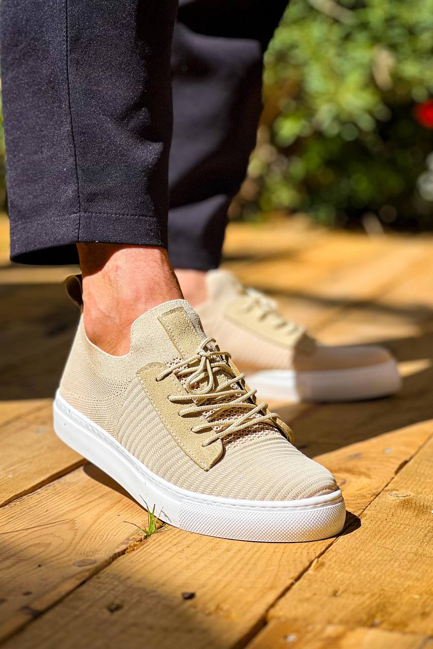 KB-110 Beige Knitwear High Sole Laced Casual Men's Shoes - STREETMODE ™