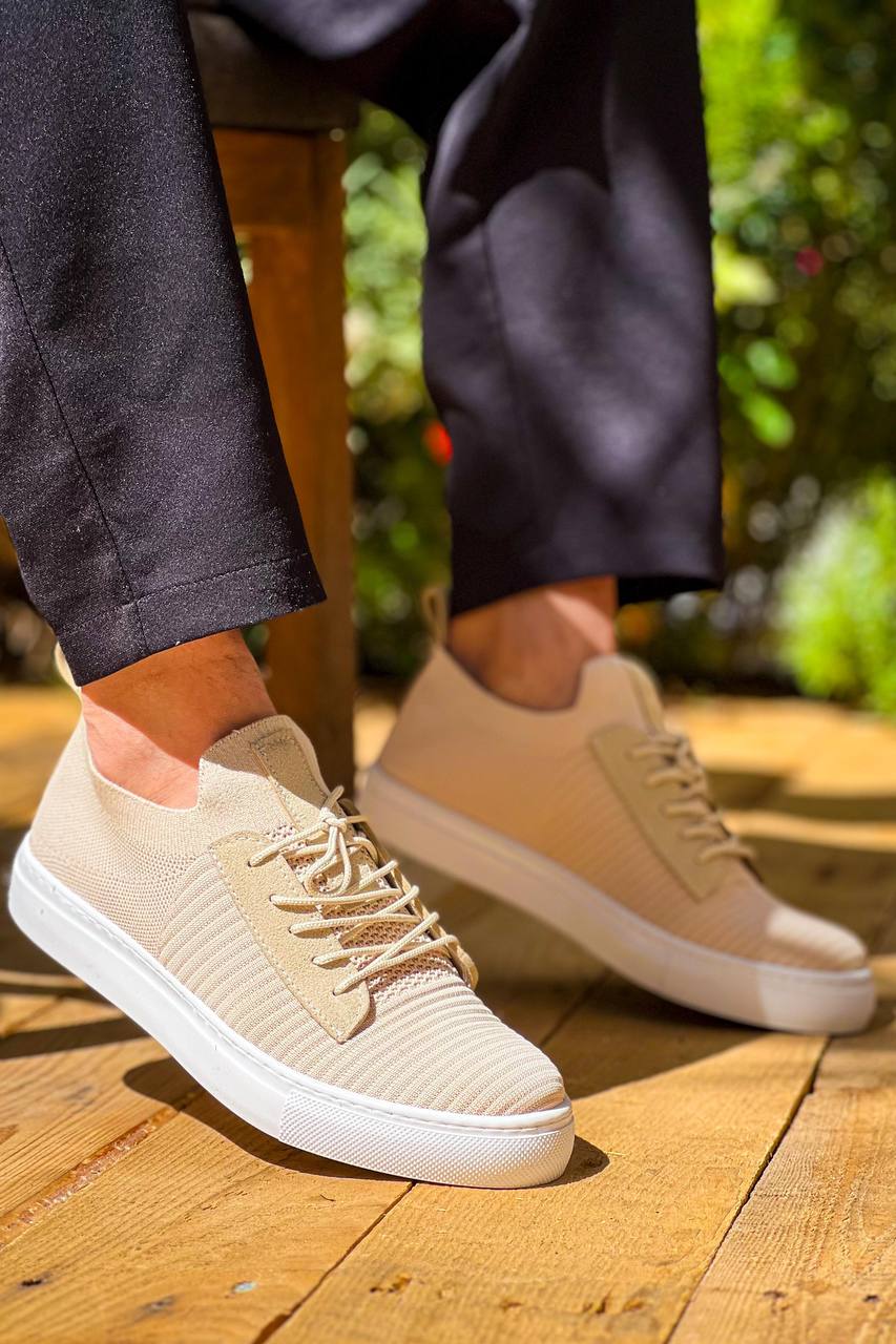 KB-110 Beige Knitwear High Sole Laced Casual Men's Shoes - STREETMODE ™