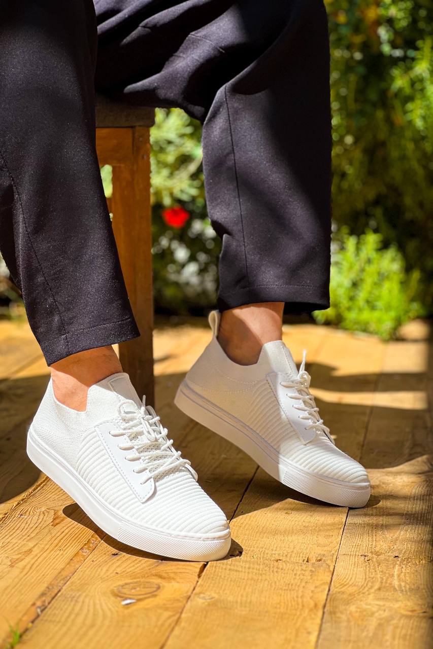 KB-110 White Knitwear High Sole Laced Casual Men's Shoes - STREETMODE ™