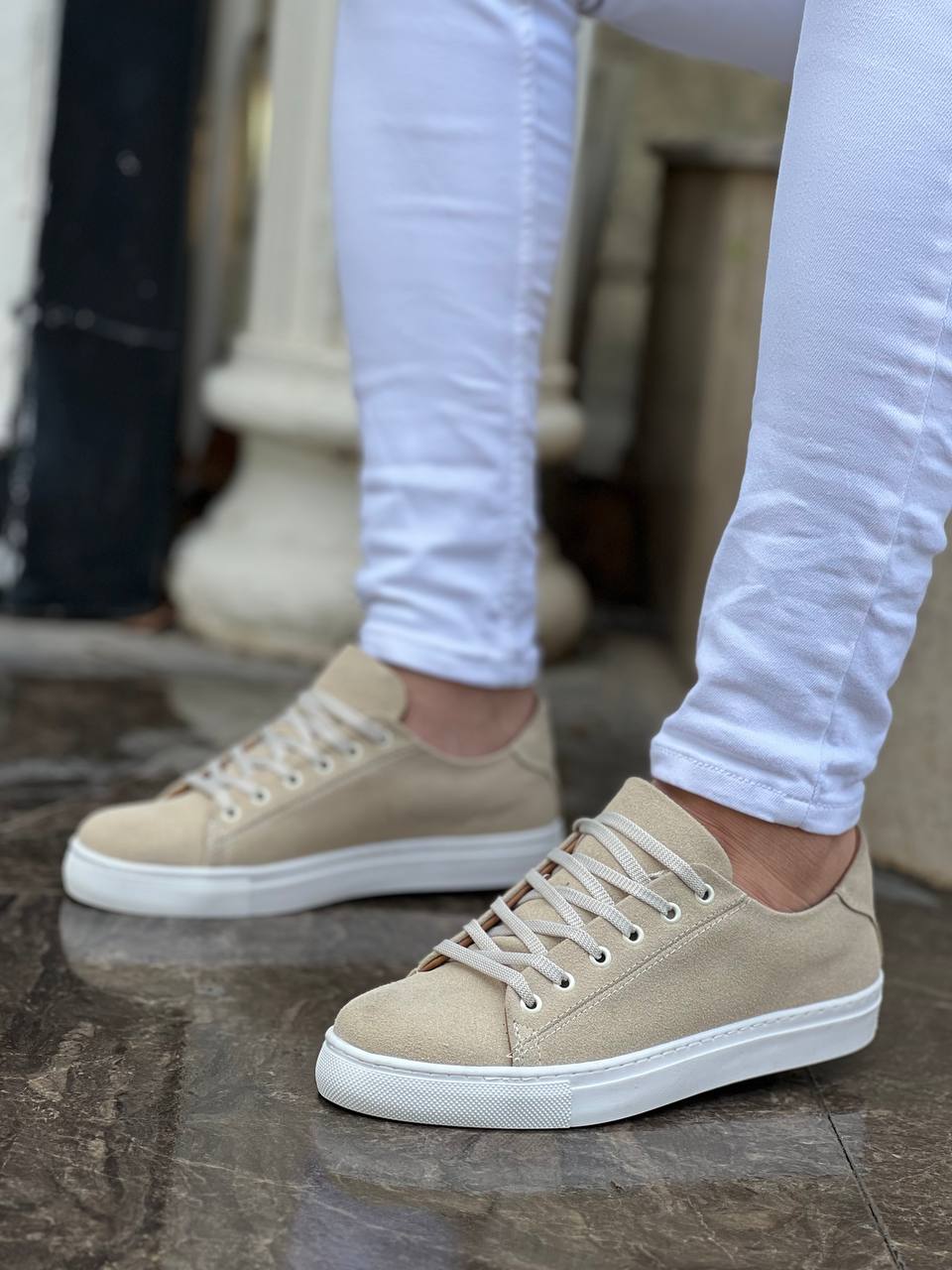 KB-122 Beige Suede High Sole Laced Casual Men's Shoes - STREETMODE ™