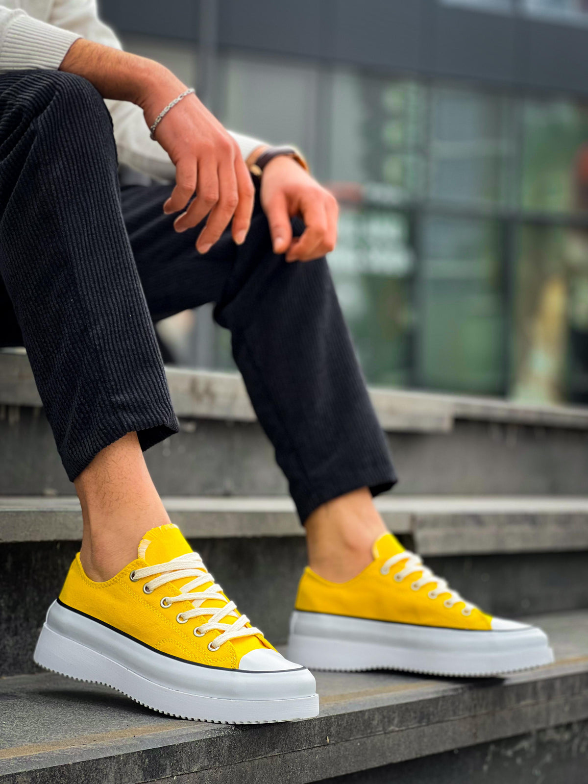 KB-CX-3 Short Yellow Linen White High Sole Men's Sneakers