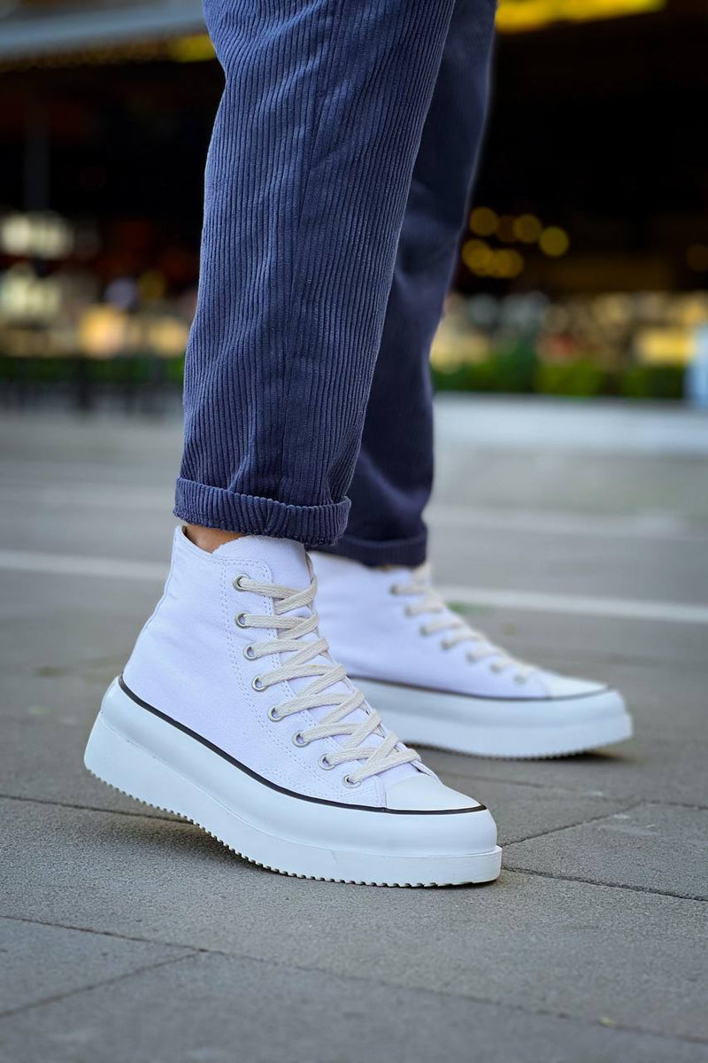 KB-CX-3 Men's Long White Linen White High Sole Sneakers - STREETMODE ™