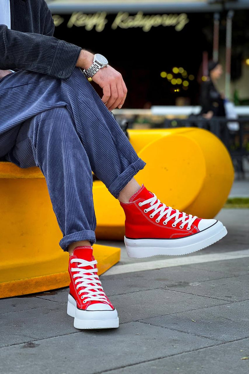 KB-CX-3 Men's Long Red Linen White High Sole Sneakers - STREETMODE ™