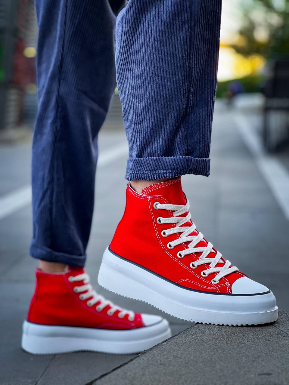 KB-CX-3 Men's Long Red Linen White High Sole Sneakers - STREETMODE ™