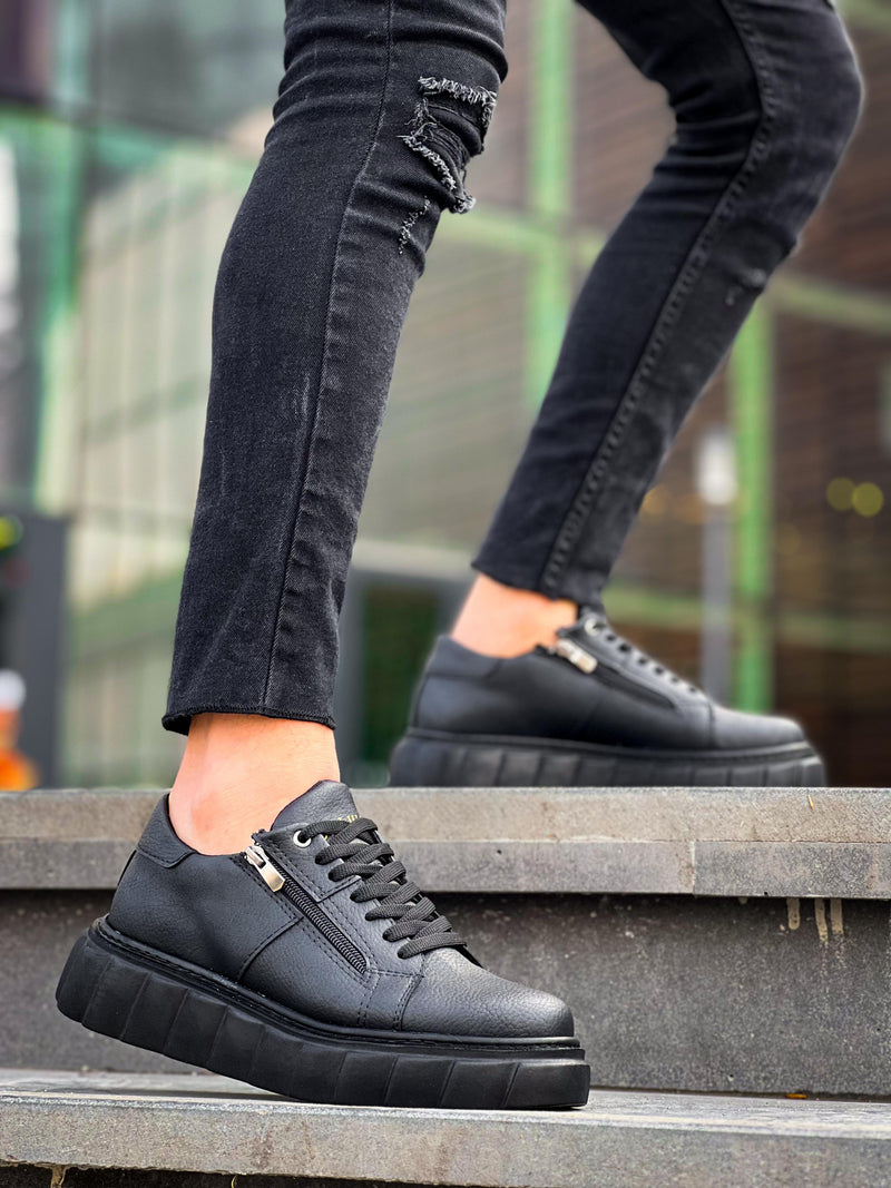 KB-X155 Black Skin Detailed Black High Sole Casual Men's Sneakers - STREETMODE ™