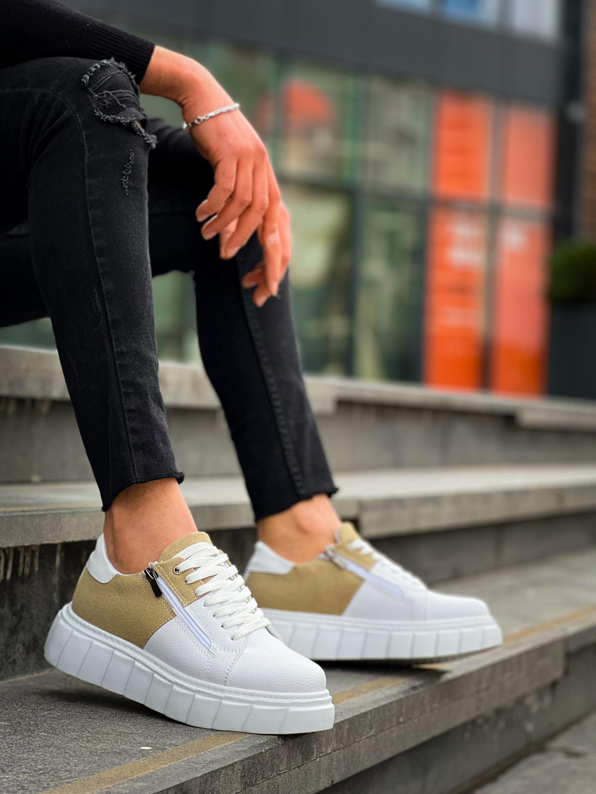 KB-X155 White Skin Beige Suede Detailed White High Sole Men's Casual Sneakers