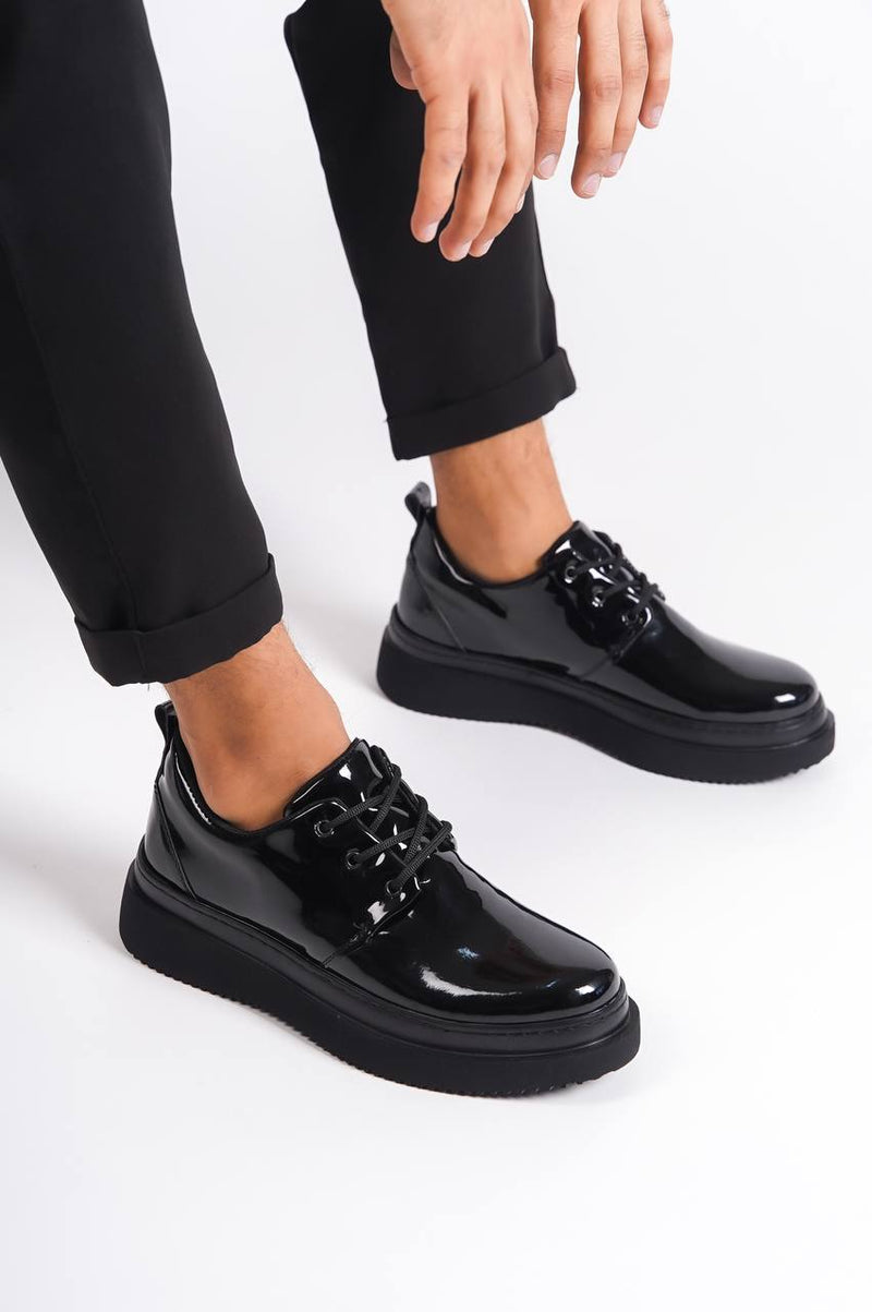 KB-X3 Black Patent Leather Black Sole Laced Casual Men's Shoes - STREETMODE ™
