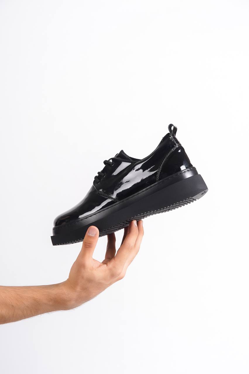 KB-X3 Black Patent Leather Black Sole Laced Casual Men's Shoes - STREETMODE ™