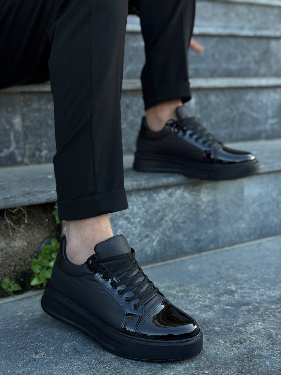 KB-X46 Men's Black Patent Leather High Black Sole Casual Sneakers