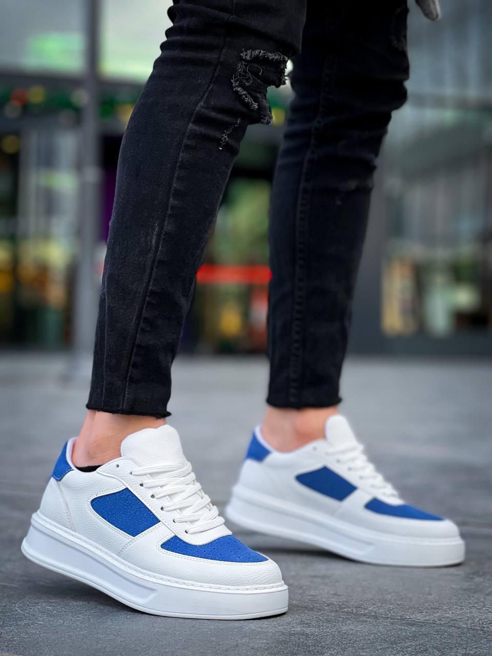 KB-X8 Men's White Skin Blue Suede Detailed White High Sole Casual Sneakers