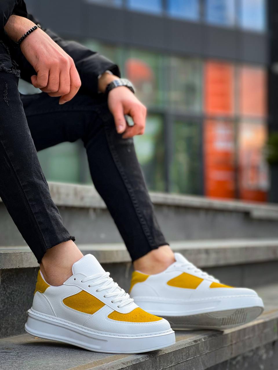 KB-X8 Men's White Skin Yellow Suede Detailed White High Sole Casual Sneakers