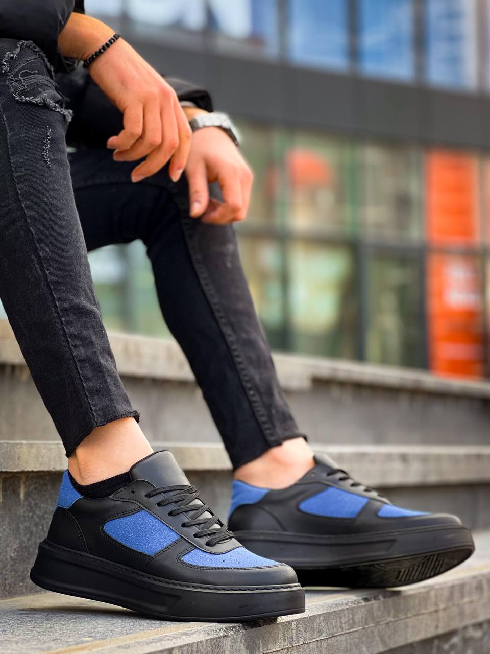 KB-X8 Men's Black Skin Blue Suede Detailed Black High Sole Casual Sneakers