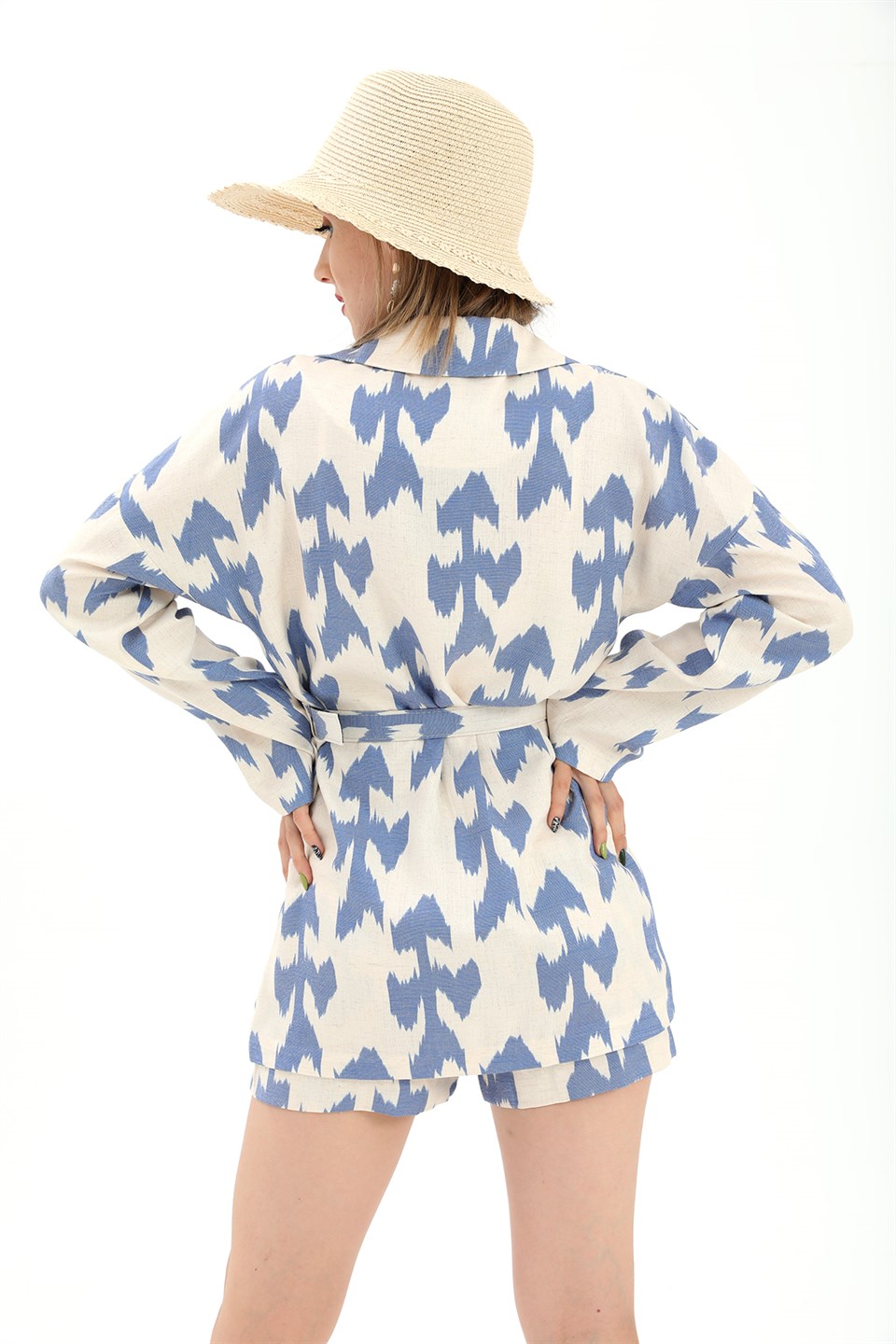 Women's Belted Patterned Oversize Blazer Jacket - Blue - STREET MODE ™