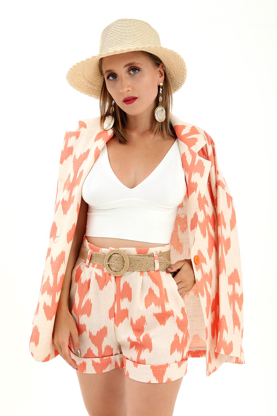 Women's Belted Patterned Oversize Blazer Jacket - Orange - STREET MODE ™