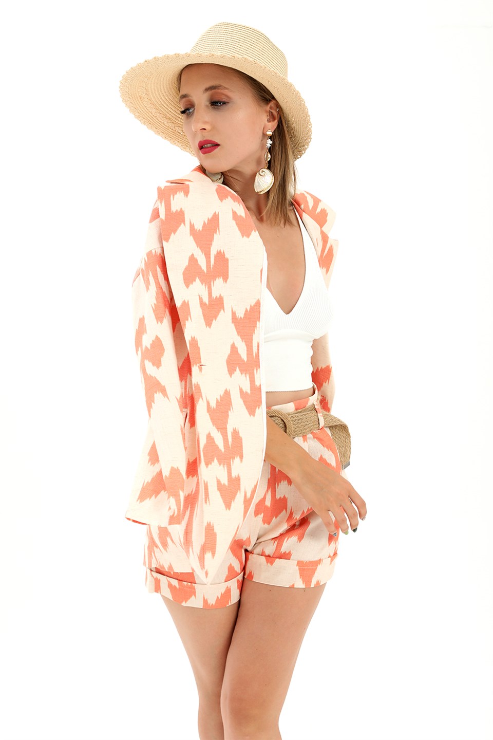 Women's Belted Patterned Oversize Blazer Jacket - Orange - STREET MODE ™