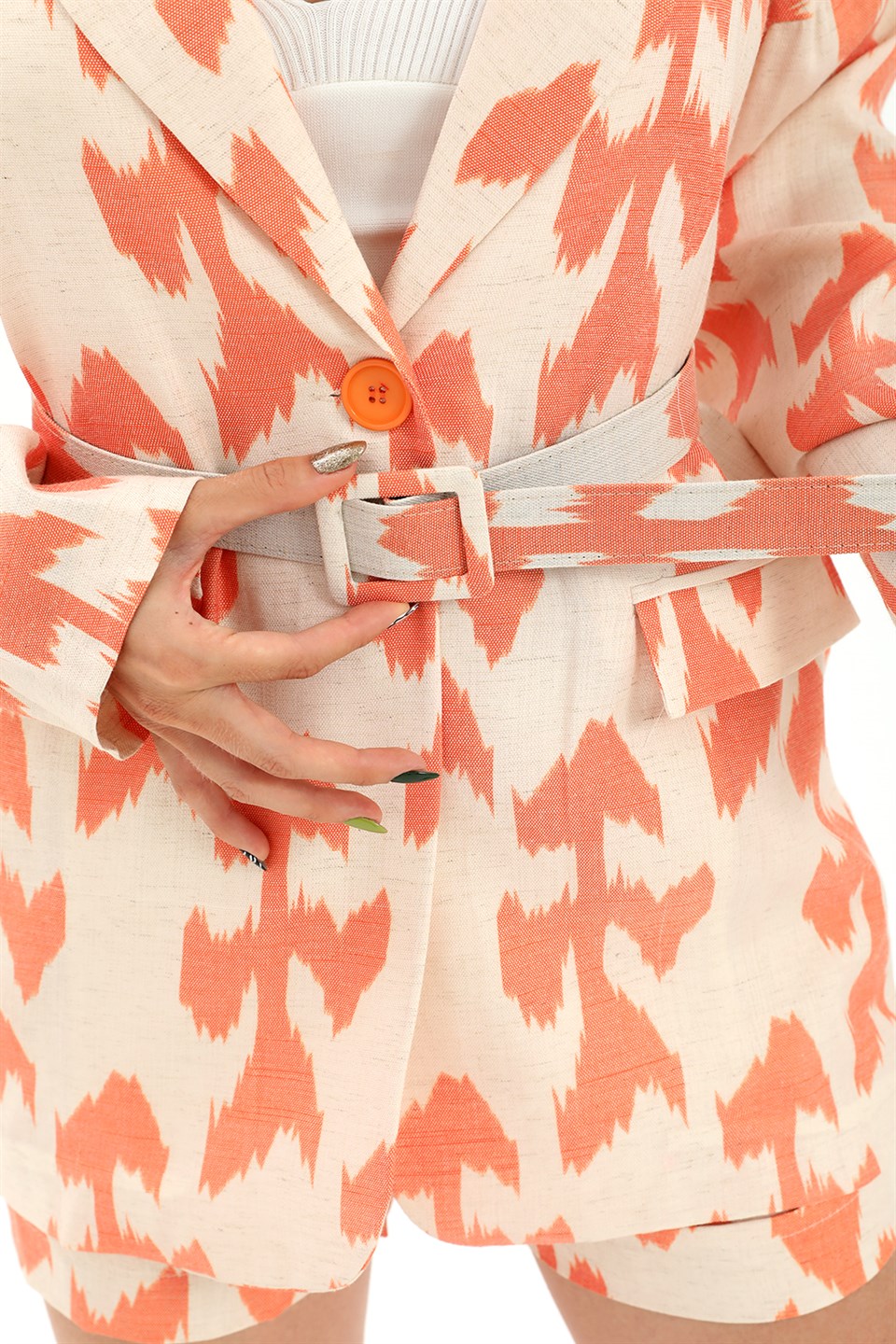 Women's Belted Patterned Oversize Blazer Jacket - Orange - STREET MODE ™