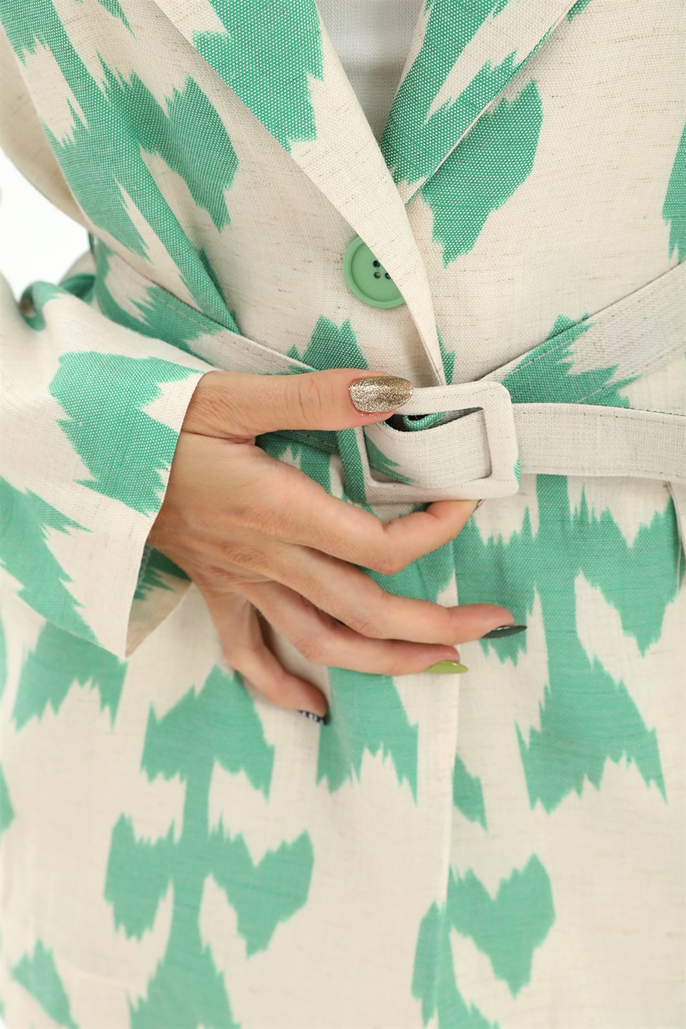 Women's Belt Patterned Oversize Blazer Jacket - Green - STREETMODE ™